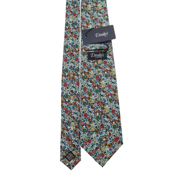 Drake's NWT Neck Tie in Blue / Multicolor Mini Floral Print 100% Silk
